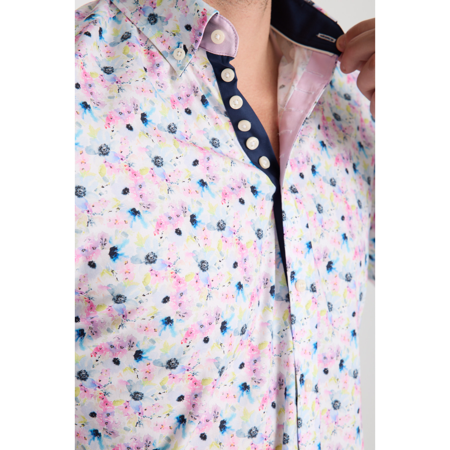 Camicia Uomo 1 Bottoni Button Down Slim Popeline Stretch Stampato Bianco Rosa Cipria