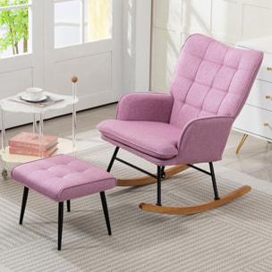 Silla Mecedora con Reposapiés, Sillón de Relax, con Cojín Acolchado, Respaldo Alto, Reposabrazos y Patas de Madera, Carga 130 kg, para Salón, Dormitorio, Rosa