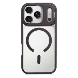 Carcasa transparente con cubierta de cámara abatible que funciona como soporte, bordes negros. MagSafe para iPhone 17 Pro.
