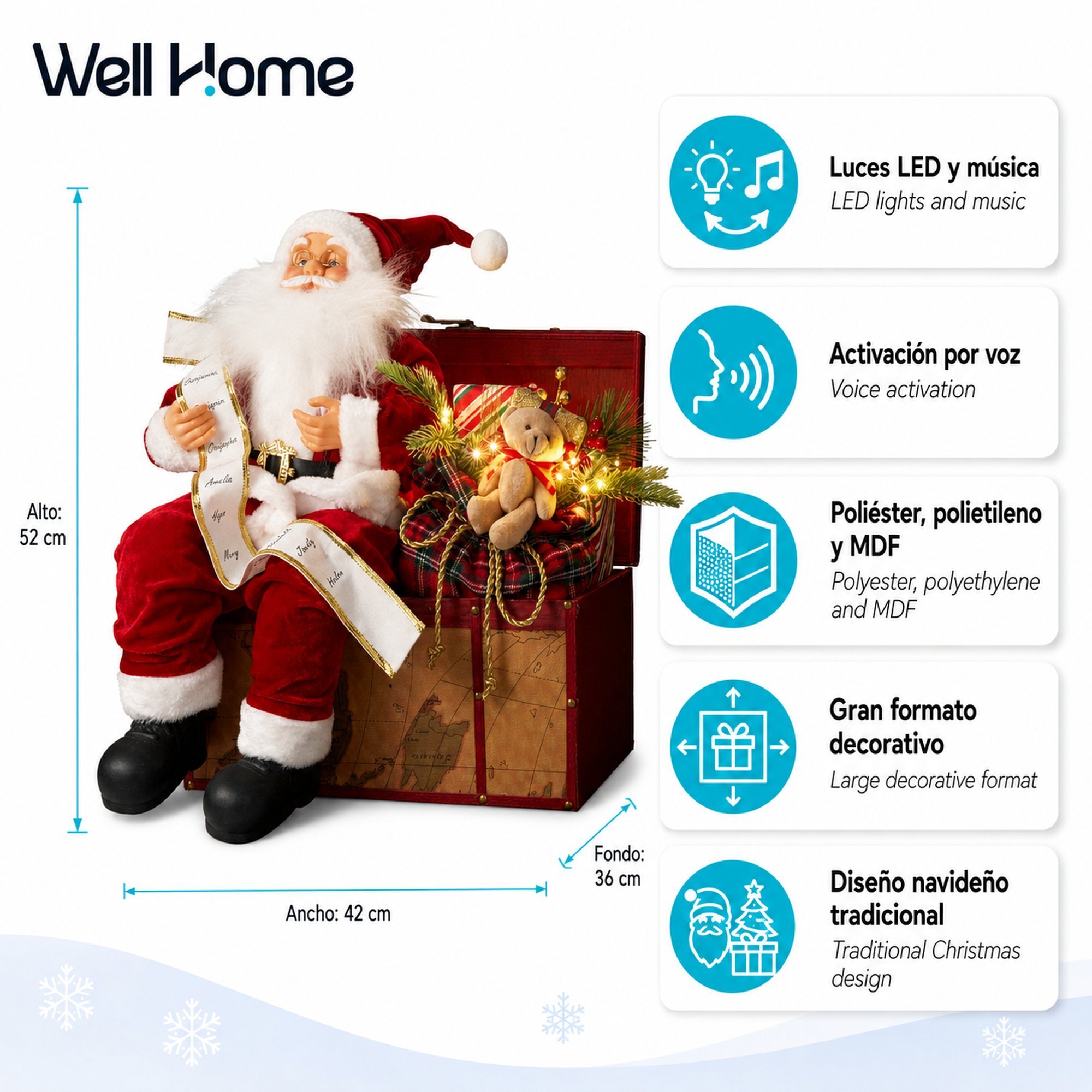 Papá noel sentado sobre regalo con música y luz led, figura navideña decorativa con activación por voz 42x36x52 cm
