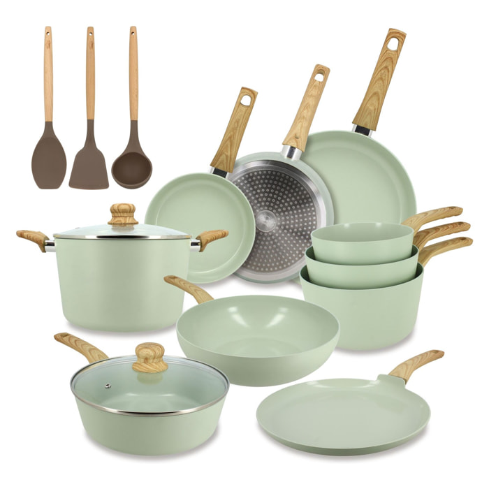 Batterie de cuisine 13 pièces en aluminium recyclé celadon - tout feux COLORAMA