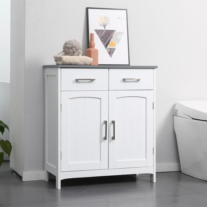 Meuble bas de salle de bain sur pied - 2 tiroirs, 2 portes, étagère - dim. 68 x 33 x 76 cm - blanc gris
