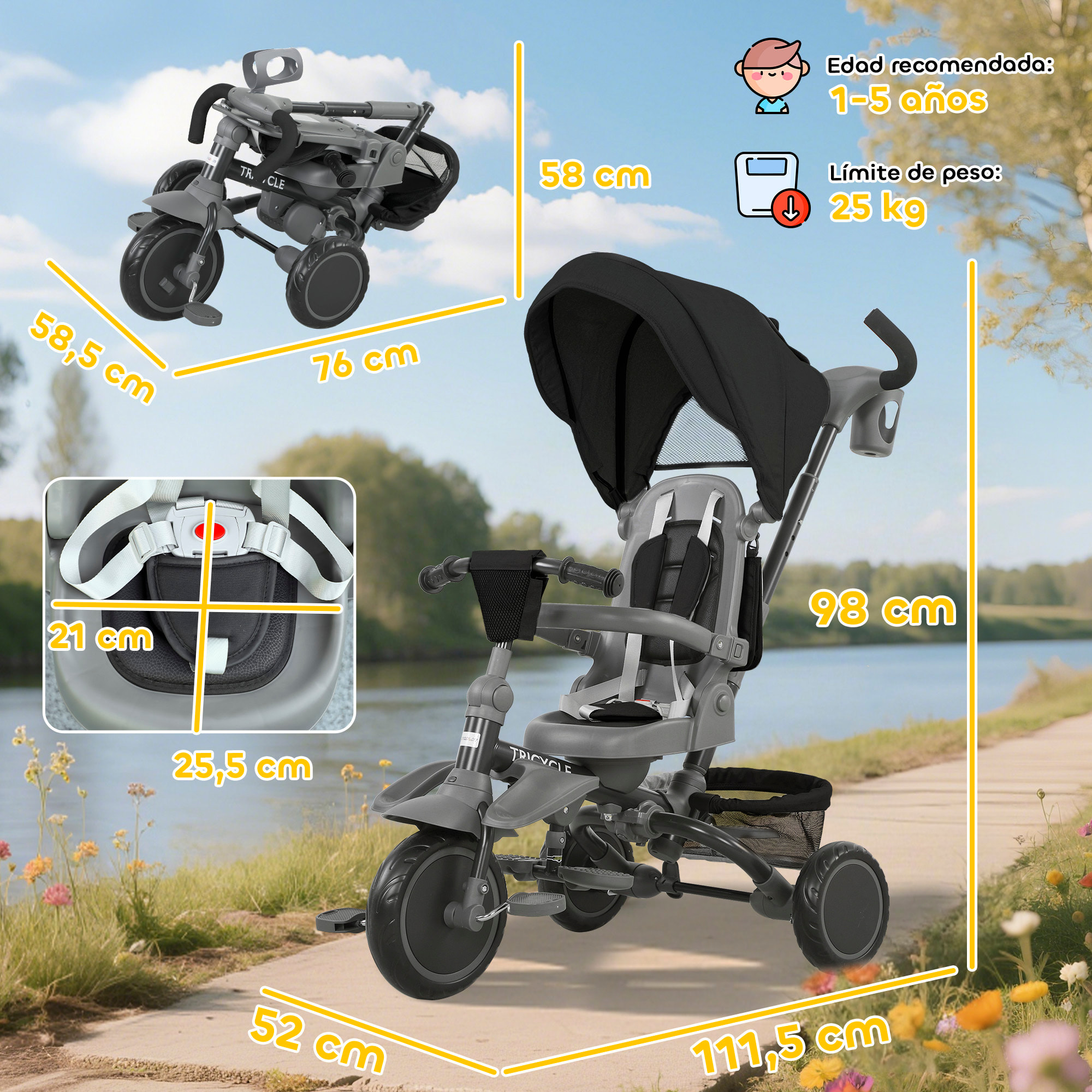 Triciclo Evolutivo 6 en 1, Triciclo para Bebés Plegable, 1-5 Años, Asiento Giratorio de 360°, Mango Parental, Respaldo Reclinable, Toldo, Cinturón de Seguridad, Cesta, Reposapiés, Negro