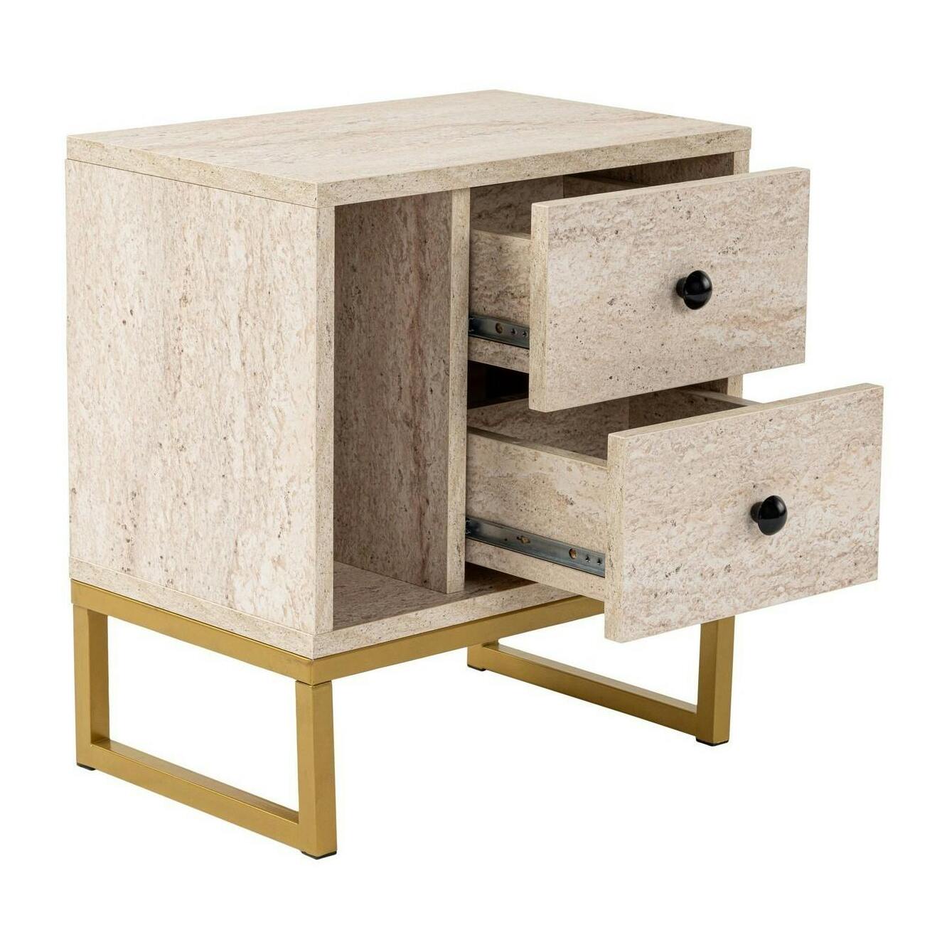Table de nuit 2 tiroirs, 1 niche - effet travertin JENA