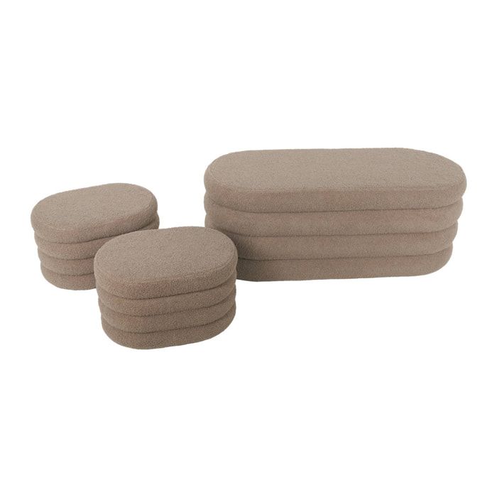 Banc coffre en bouclettes taupe avec 2 poufs ovales de rangement intégrés - L111cm