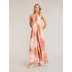 Motivi - Vestido largo acampanado de satén con estampado - Rosa