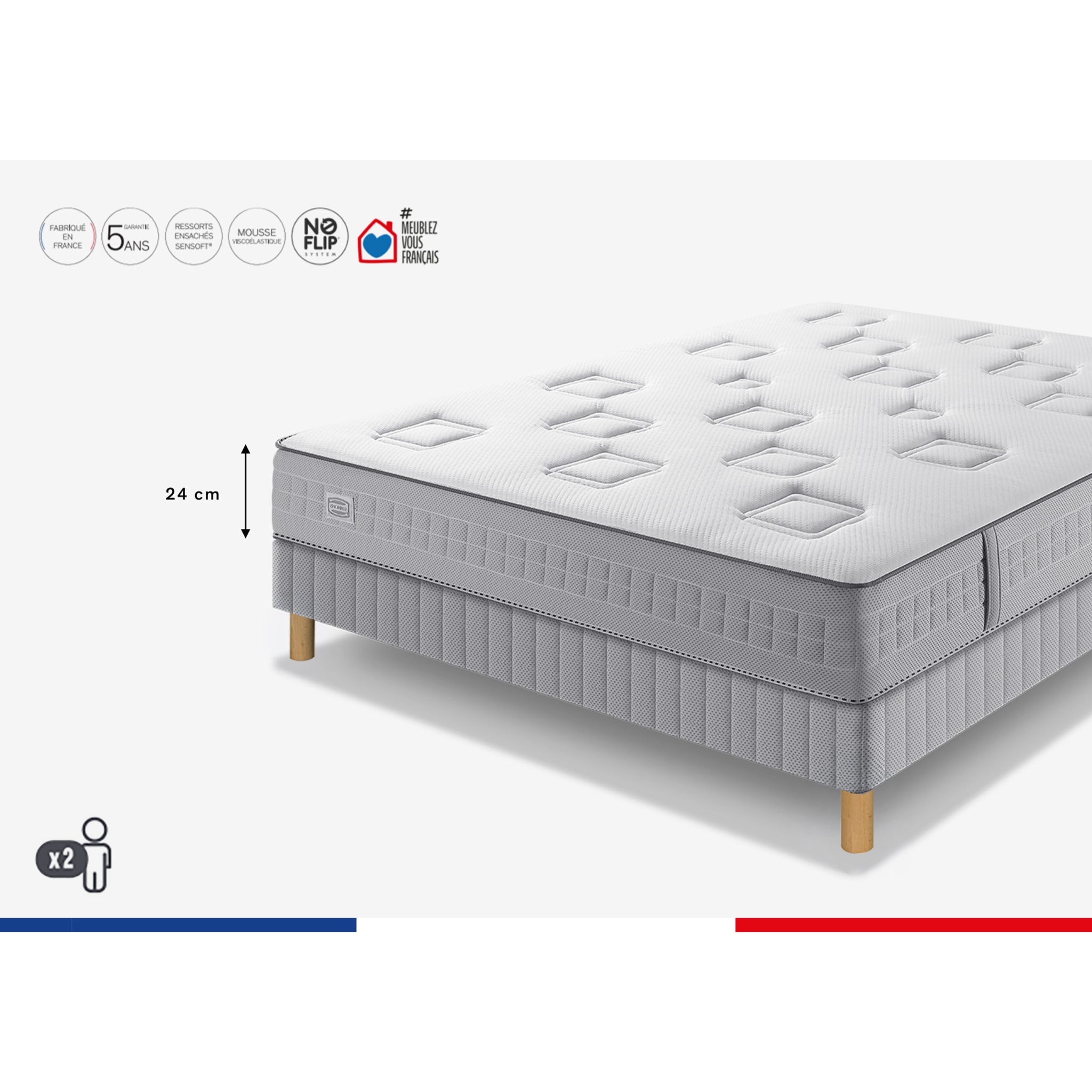 Ensemble CHALLENGE matelas H24 ressort ensachés, très ferme, sommier