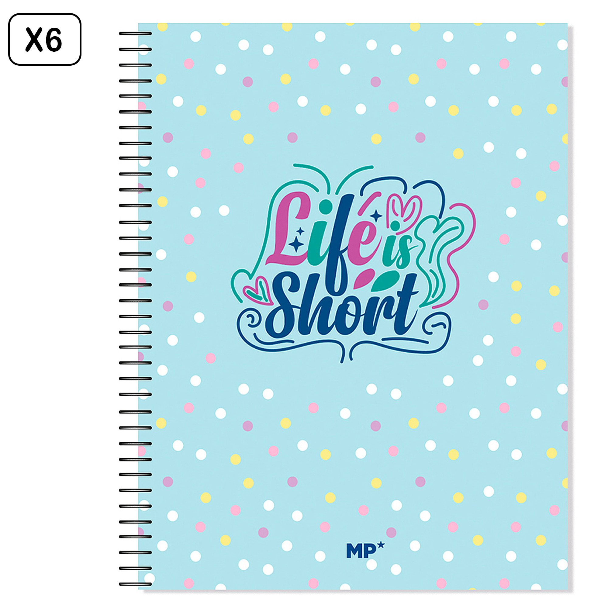 PACK 6 UNIDADES CUADERNO EXTRADURA A4 120 HOJAS CUADRICULA DISEÑO LIFE IS SHORT