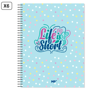 PACK 6 UNIDADES CUADERNO EXTRADURA A4 120 HOJAS CUADRICULA DISEÑO LIFE IS SHORT