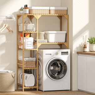 Estantería para Lavadora de Bambú, Mueble para Lavadora o Inodoro con Estantes Reversibles y Ajustables, Ahorra Espacio, Para Lavandería, Baño, Madera Natural