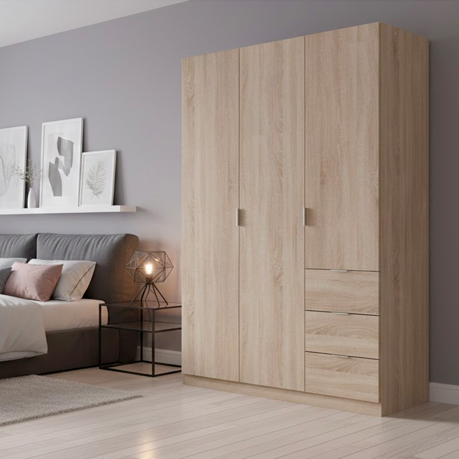 Armadio Guardaroba Vestiti 3 Ante Battenti 4 Ripiani E 3 Cassetti Con Barra Appendiabiti Salvaspazio Design Moderno 200 x 52 x 135 Cm Rovere Canadese