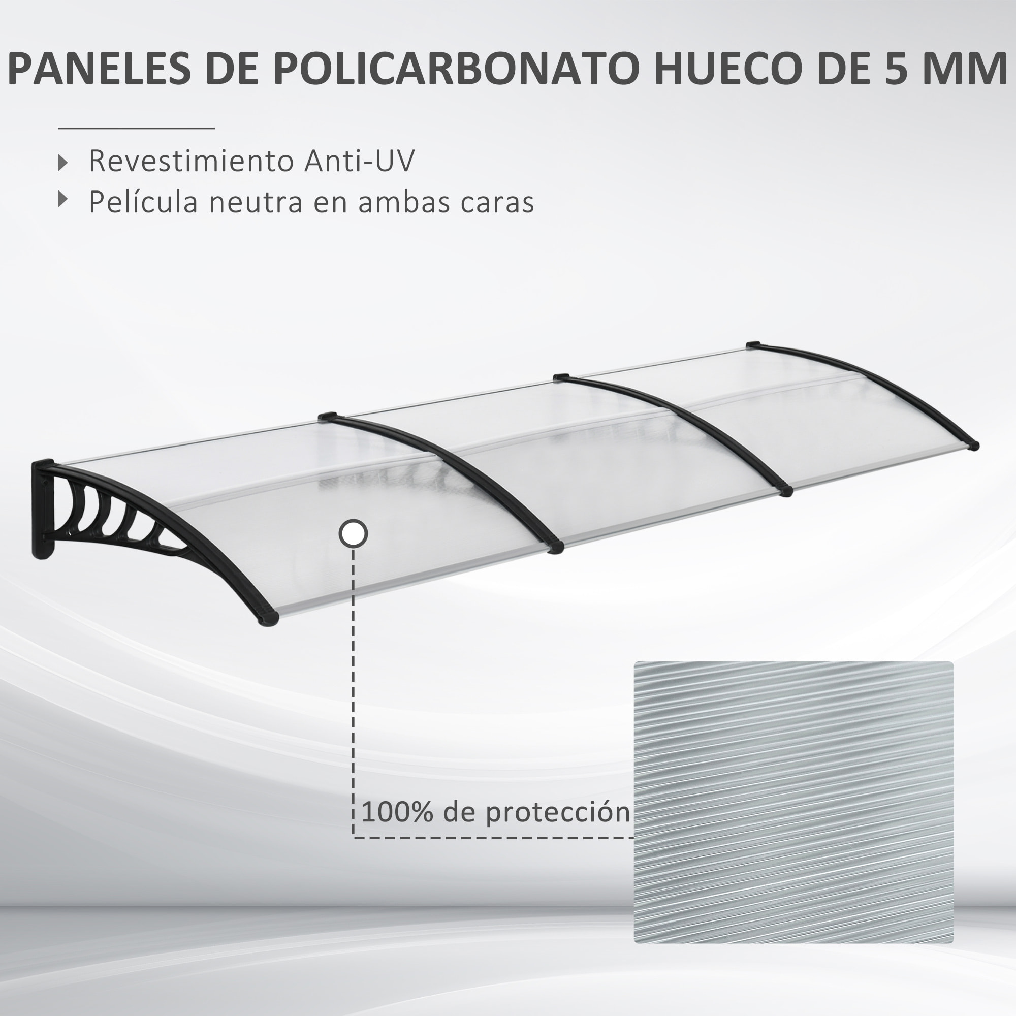 Outsunny Tejadillo de Protección 300x96 cm Marquesina Exterior para Puertas y Ventanas contra Sol y Lluvia con Soporte de Aleación de Aluminio PP Policarbonato Transparente