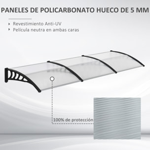 Outsunny Tejadillo de Protección 300x96 cm Marquesina Exterior para Puertas y Ventanas contra Sol y Lluvia con Soporte de Aleación de Aluminio PP Policarbonato Transparente