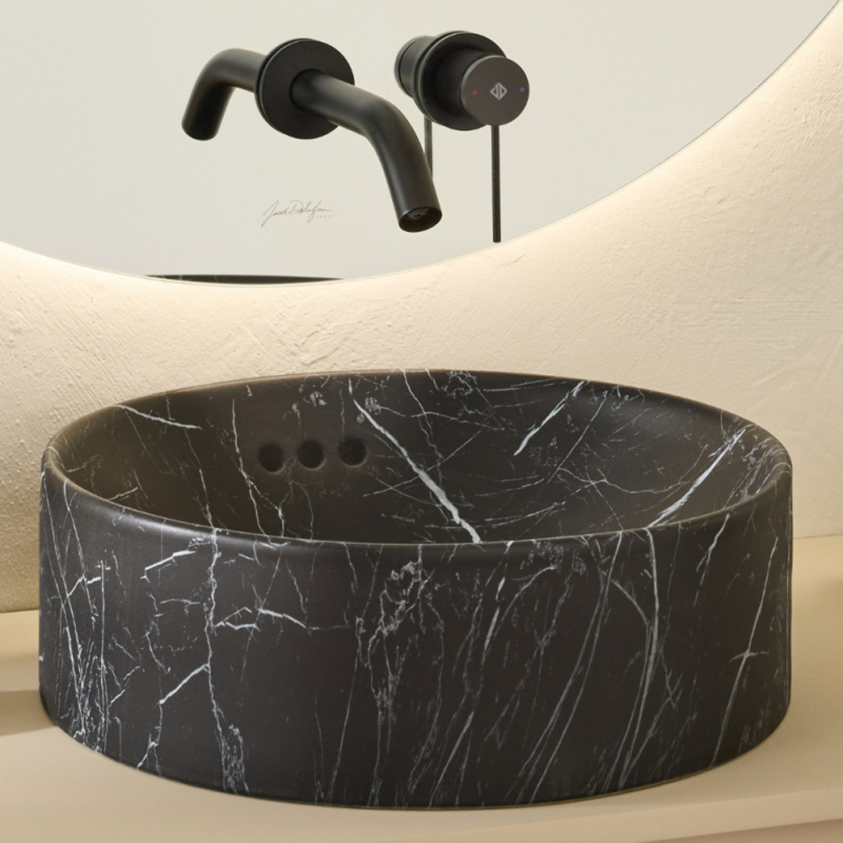 Vasque ronde à poser Vox marbre noir orage + bonde