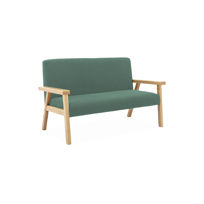 Banquette canapé enfant en bois et velours côtelé kaki. Isak. L 84 x P 43.5 x H 50cm