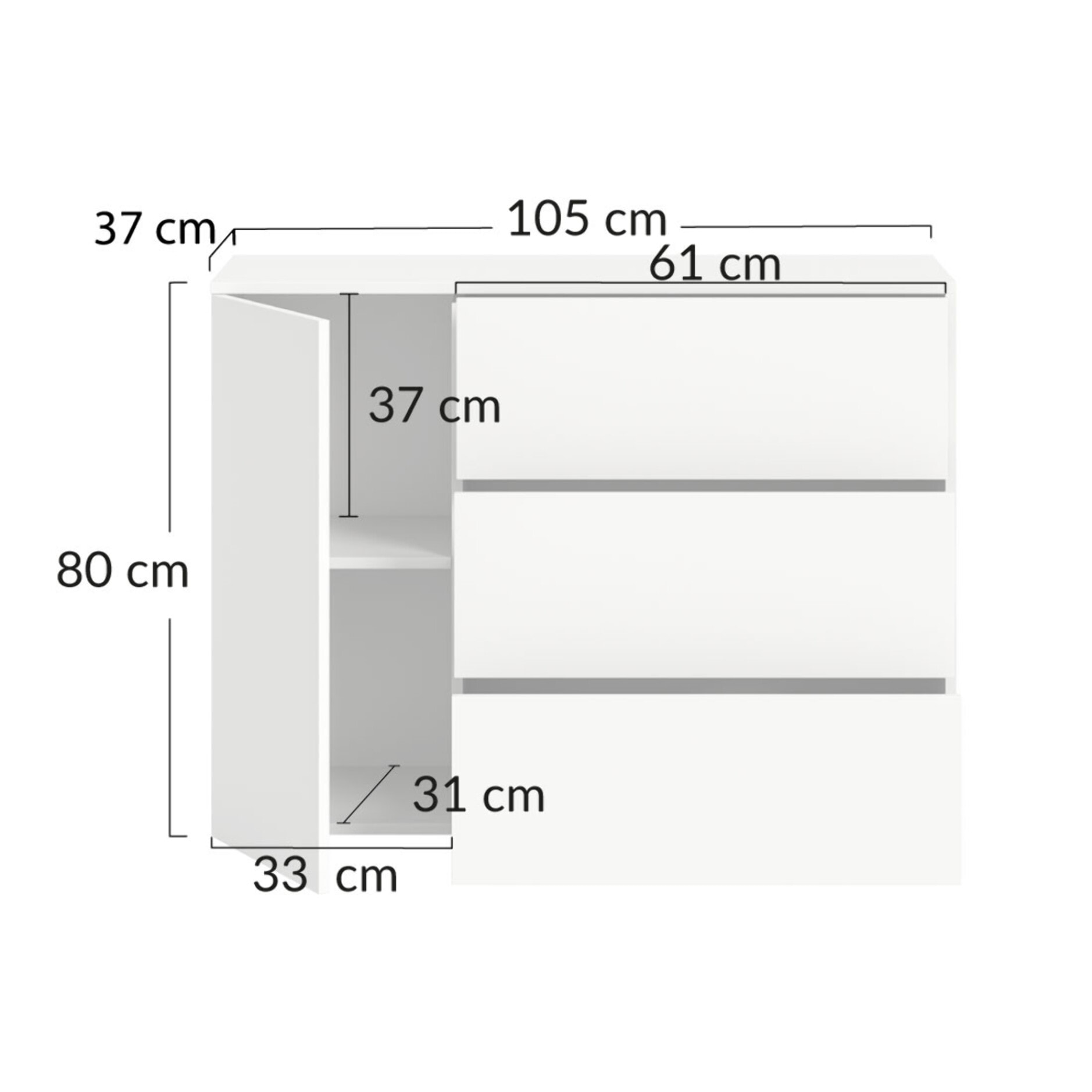 Ned - buffet bas - 3 tiroirs et 1 portes - blanc - 105 cm - Blanc