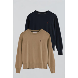 Pack donna con due maglioni in blu marino e marrone chiaro in misto lana con ricamo Rigby Go