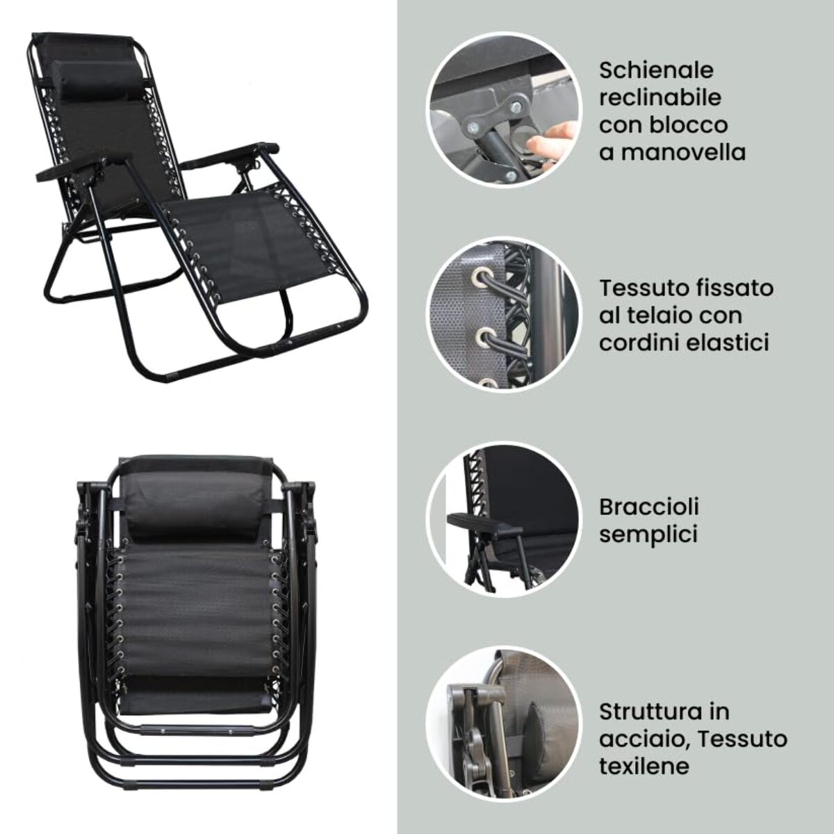 INTRECCI Sedia Zero Gravity Pieghevole Reclinabile da Giardino Terrazzo con Cuscino, Sedia Sdraio in Acciaio per Esterno Decorativa Balcone Beige