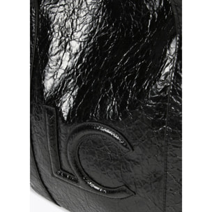 Borsa shopper con effetto pelle lucida e logo frontale in rilievo