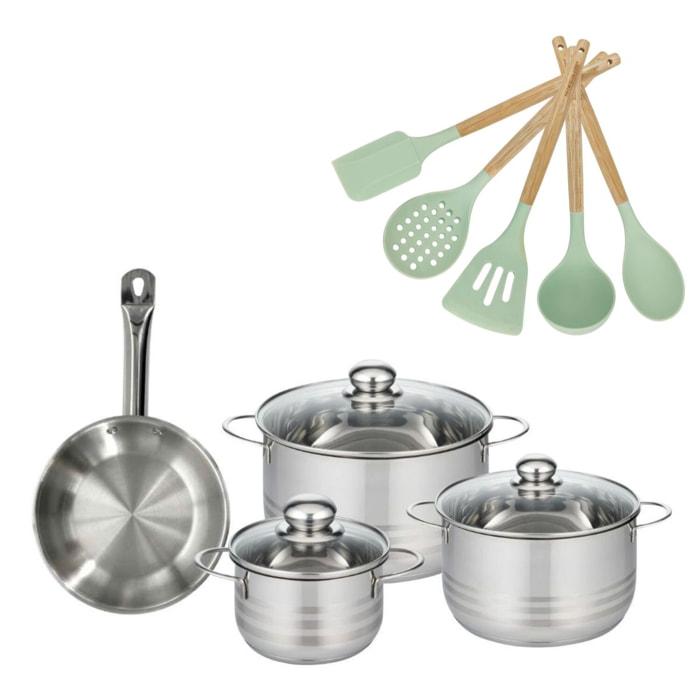 Lot Poêle et 3 Faitouts 16/20/24cm Fackelmann Etherna avec 5 ustensiles Océan