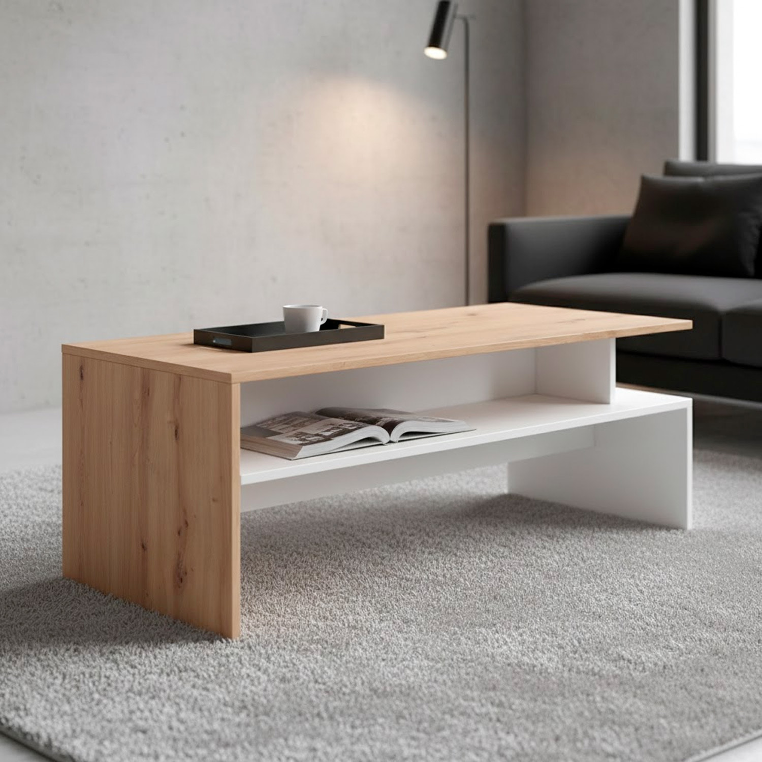 Tavolino Da Caffè Soggiorno Moderno Con Ripiano E Vani A Giorno Design Elegante E Funzionale 108 x 50 x 43 cm Bianco Opaco E Quercia