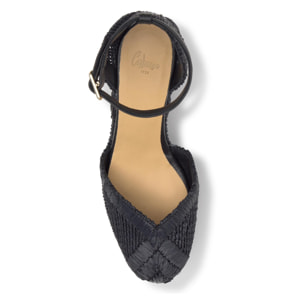 Alpargata Charmie cuña forrada en rafia natural bordada con pulsera y escote en V