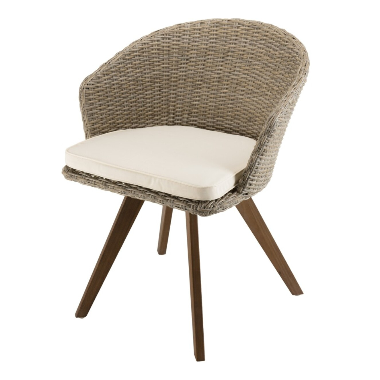 VICK - Chaise de jardin en rotin synthétique couleur naturelle avec coussin écru pieds en bois Acacia