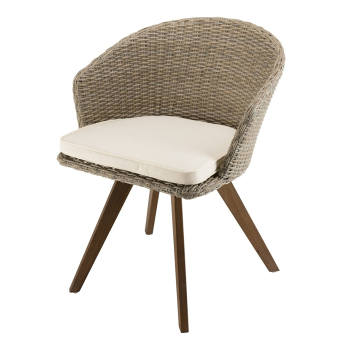 VICK - Chaise de jardin en rotin synthétique couleur naturelle avec coussin écru pieds en bois Acacia