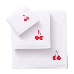 Set toallas 3pcs: toalla de tocador (30x50cm) + toalla de manos (50x90cm) + toalla de baño (70x140cm) 450gsm 100%algodon blanco con cereza roja benet