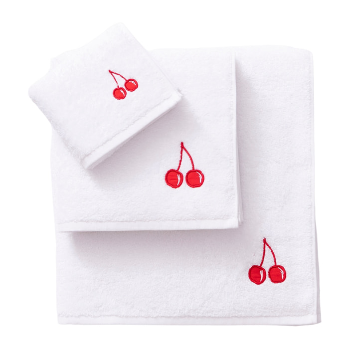 Set toallas 3pcs: toalla de tocador (30x50cm) + toalla de manos (50x90cm) + toalla de baño (70x140cm) 450gsm 100%algodon blanco con cereza roja benet