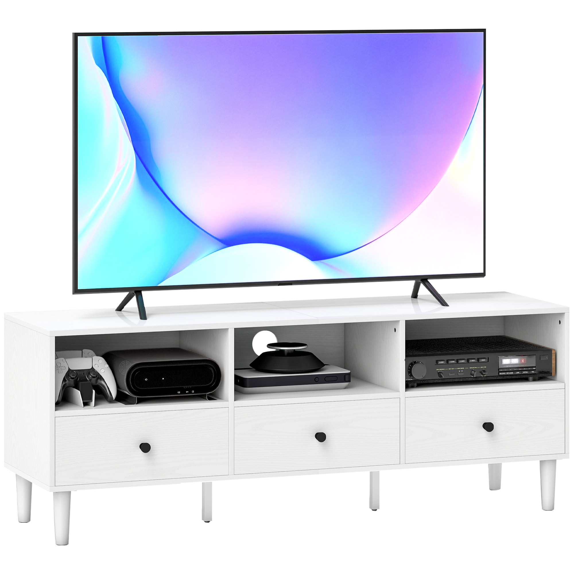 Mueble de TV Moderno Mueble de TV para Salón con 3 Compartimentos Abiertos 3 Cajones y Orificio para Cables para Televisión de 45/55/65 Pulgadas 120x34x45 cm Blanco