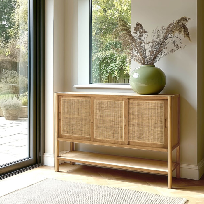 AMY - Buffet 2 étagères 3 portes coulissantes en mindi et rotin naturel AMY