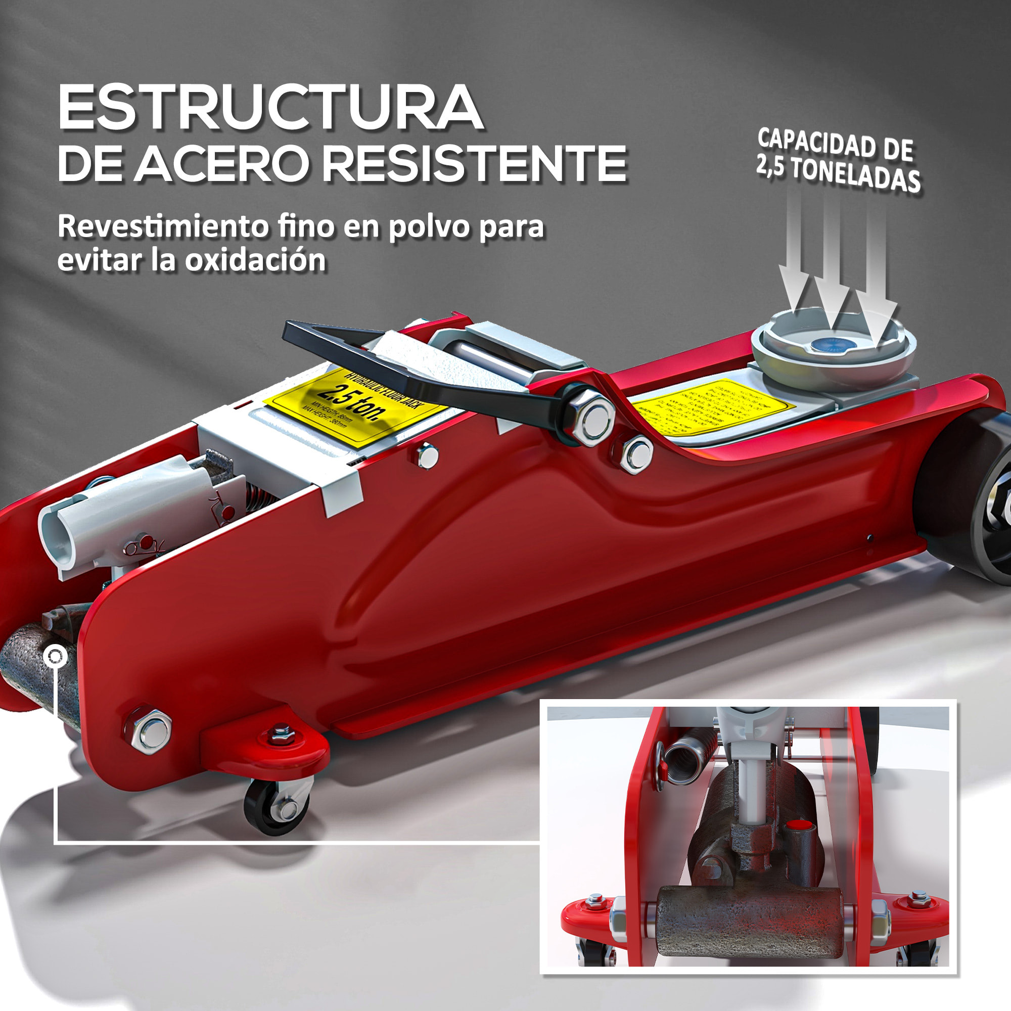 Gato Hidráulico 2,5T, Altura de Elevación 80-380 mm, Gato Hidráulico para Coche Robusto con Perfil Bajo, Ruedas Móviles, Compacto y Portátil, para Automóvil, SUV, Talleres, Garaje