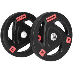 Discos Pesas Olímpicos 15 kg, Agujero Ø50 mm, de Hierro Fundido, Recubierta de Goma, 2 Placas de Pesas con Triple Agarre, para Mancuernas y Barras, Entrenamiento en Casa, Gimnasio, Negro