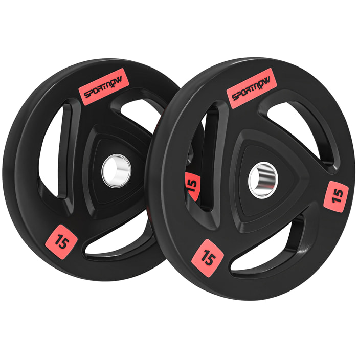 Discos Pesas Olímpicos 15 kg, Agujero Ø50 mm, de Hierro Fundido, Recubierta de Goma, 2 Placas de Pesas con Triple Agarre, para Mancuernas y Barras, Entrenamiento en Casa, Gimnasio, Negro