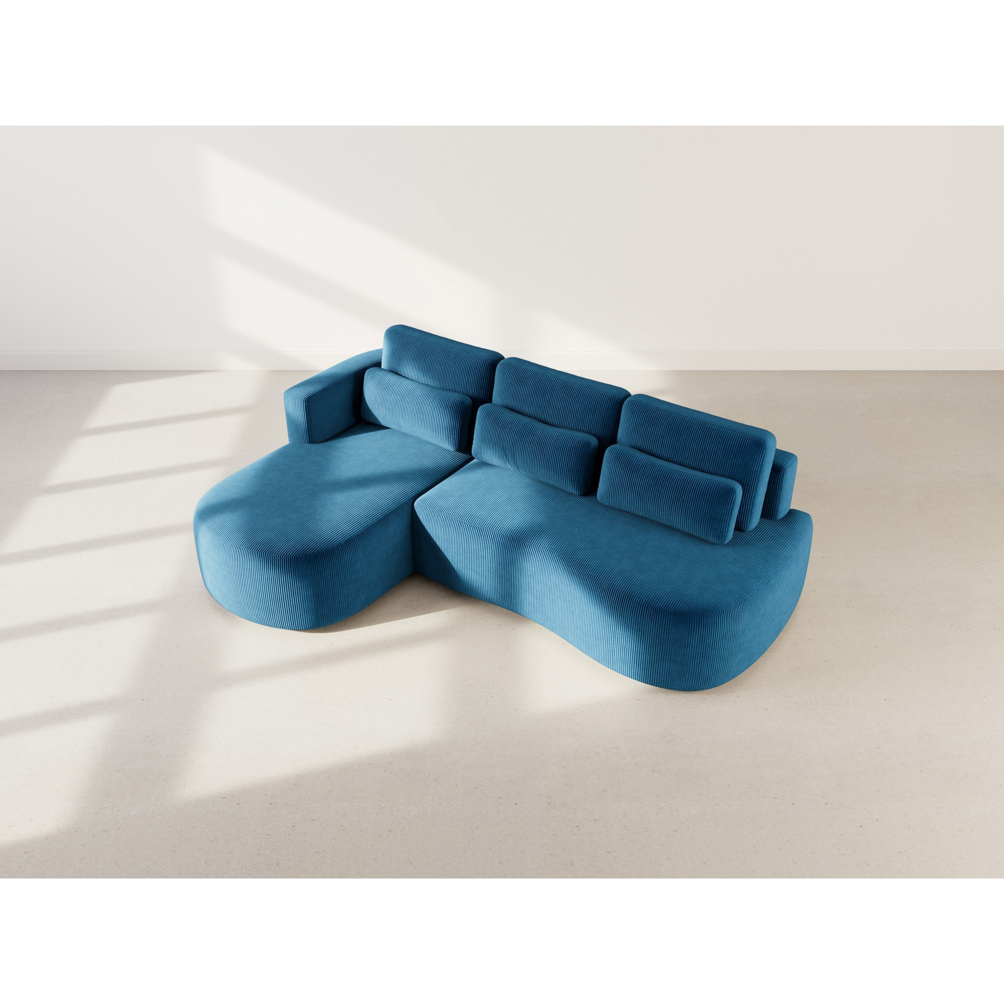 Mahina - canapé d'angle gauche 4 places convertible avec coffre en velours côtelé - Bleu