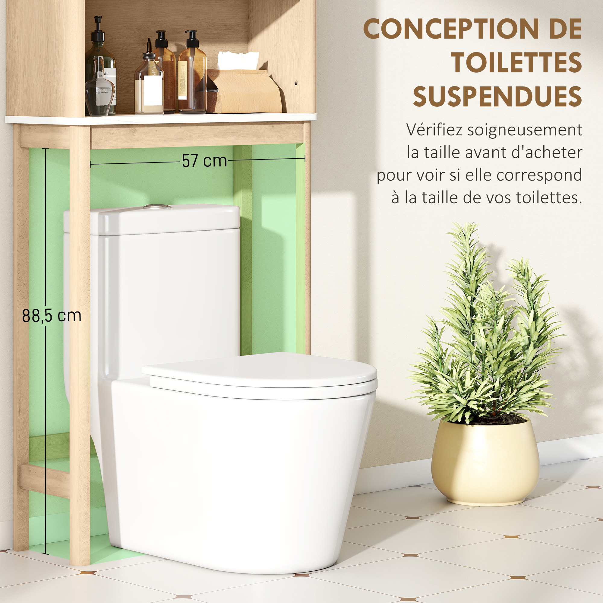 Meuble WC dessus de toilette style bois naturel effet marbre blanc 2 portes étagère niche