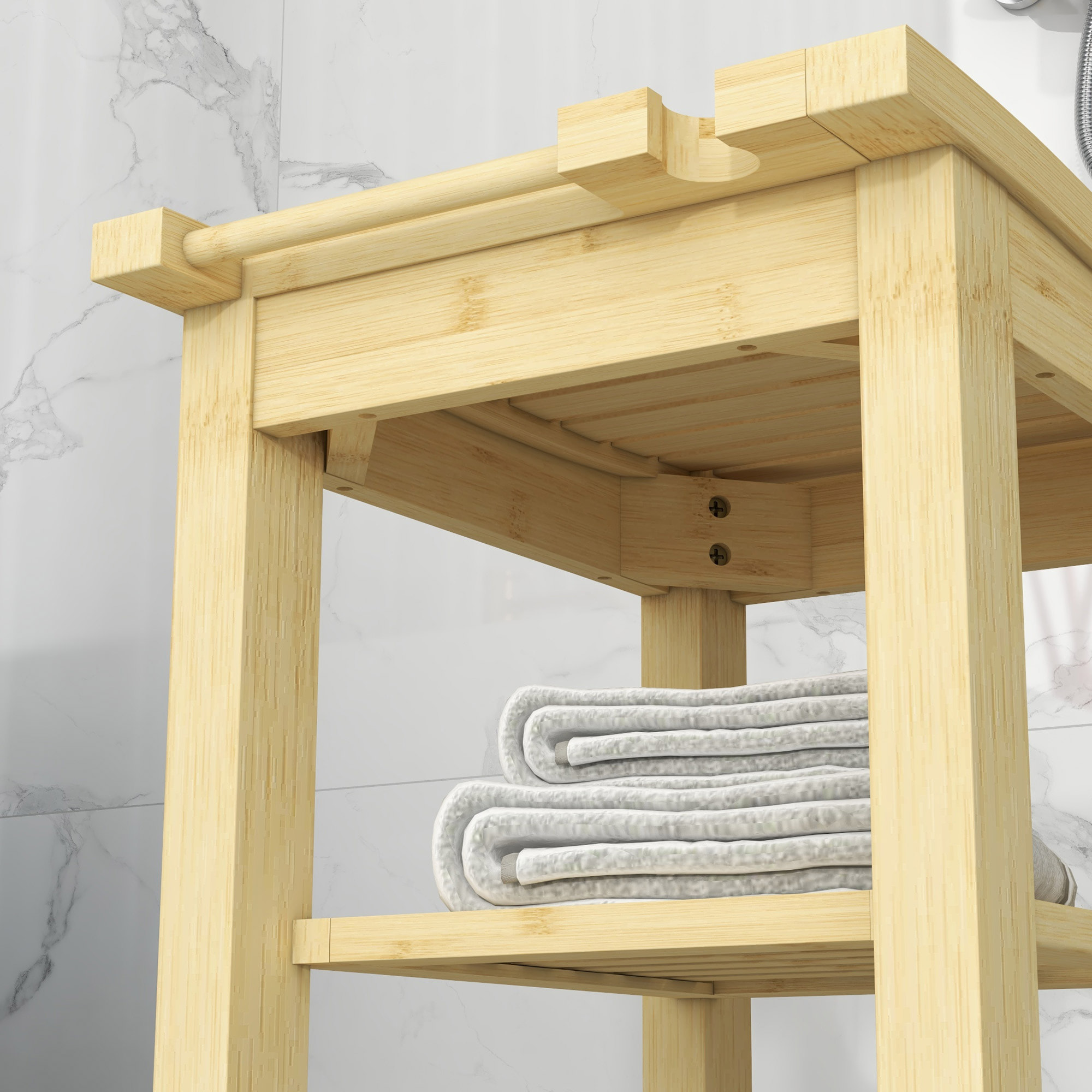 Tabouret de douche - étagère, porte-serviettes - dim. 42L x 29l x 43H cm - bambou verni