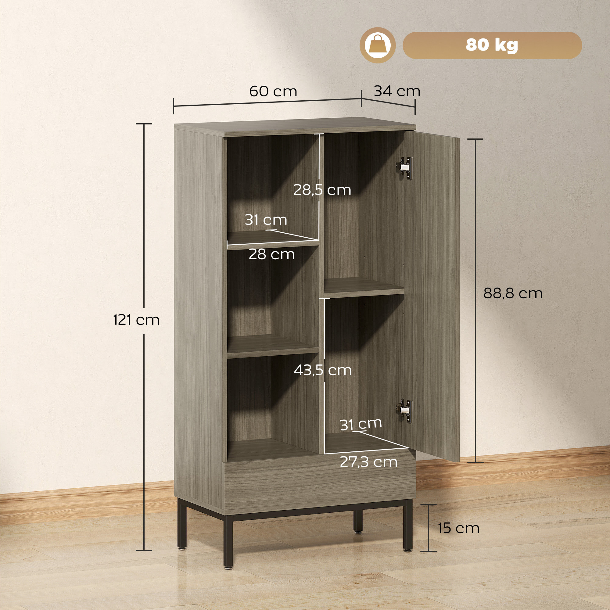 Buffet haut - porte, étagère, tiroir, 3 niches - 60 x 34 x 121 cm - piètement acier noir effet bois gris