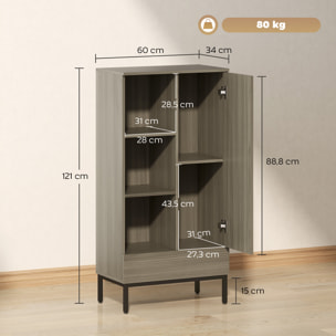 Buffet haut - porte, étagère, tiroir, 3 niches - 60 x 34 x 121 cm - piètement acier noir effet bois gris