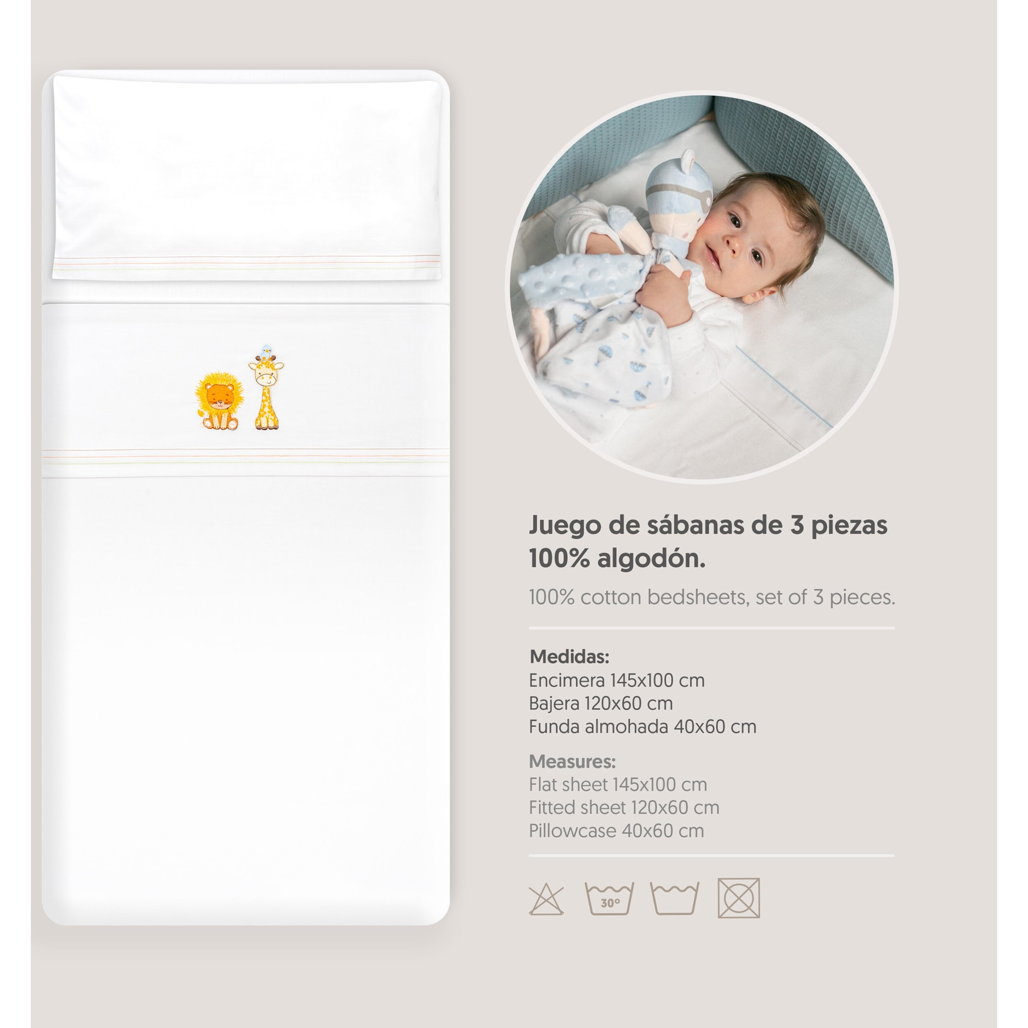 Triptico Cuna Leon Jirafa Pajarito + Broche Blanco
