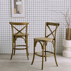 Lot de 2 tabourets de bar bistrot vintage en bois marron vieilli avec repose-pieds