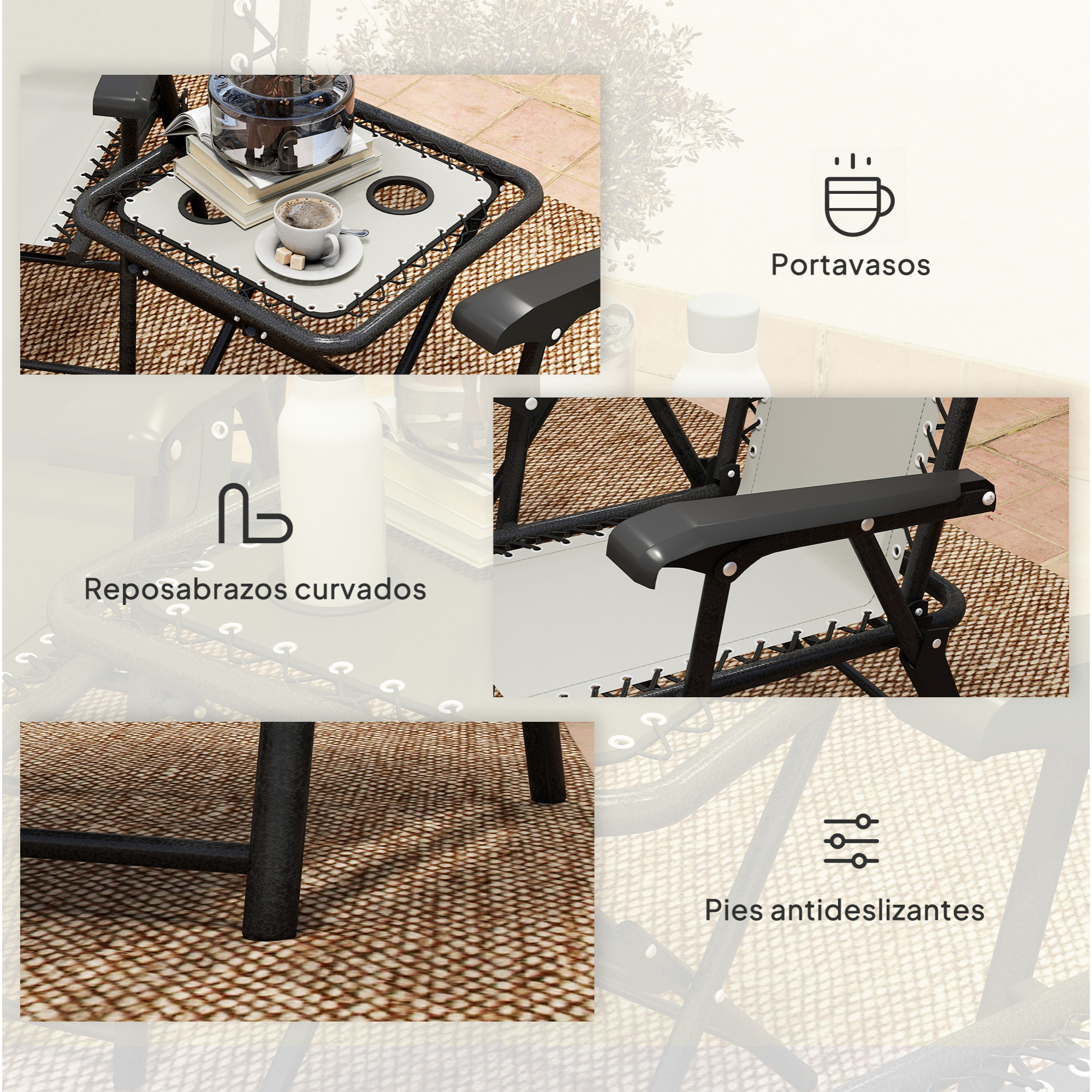 Conjunto de Mesa y Sillas de Terraza Exterior de 3 Piezas Muebles de Jardín Exterior Plegables con Estructura de Acero y Portavasos para Patio Crema