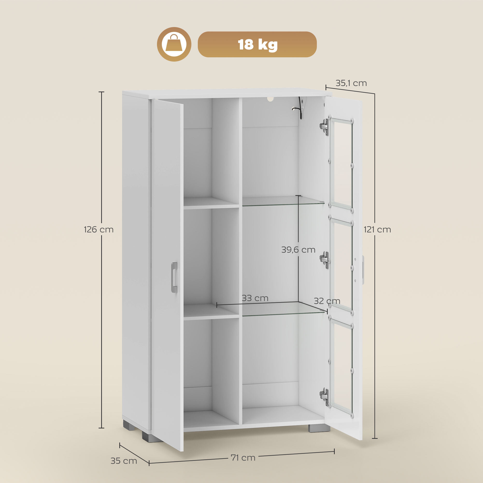 Buffet de cuisine LED 16 couleurs - 2 portes, 3 niveaux - 71x35x126cm, blanc