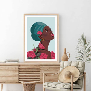 Affiche mode La femme aux roses Affiche + cadre en bois - Chêne