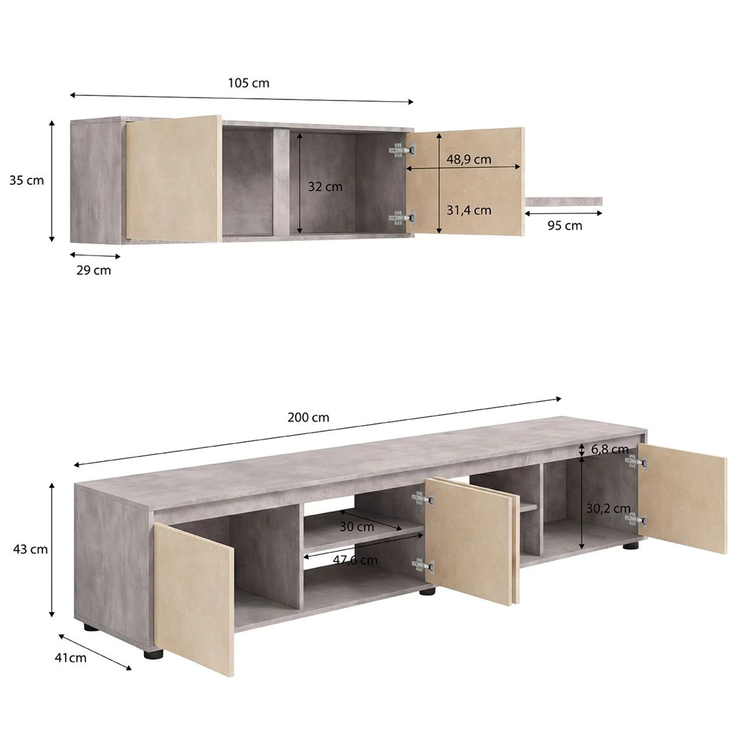 Salón con mueble de TV y estantería en gris cemento y efecto microcemento beige 200 cm Arlet Gris Cemento - Microcemento Beige
