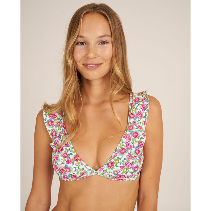 Top de bikini con volante y estampado de flores