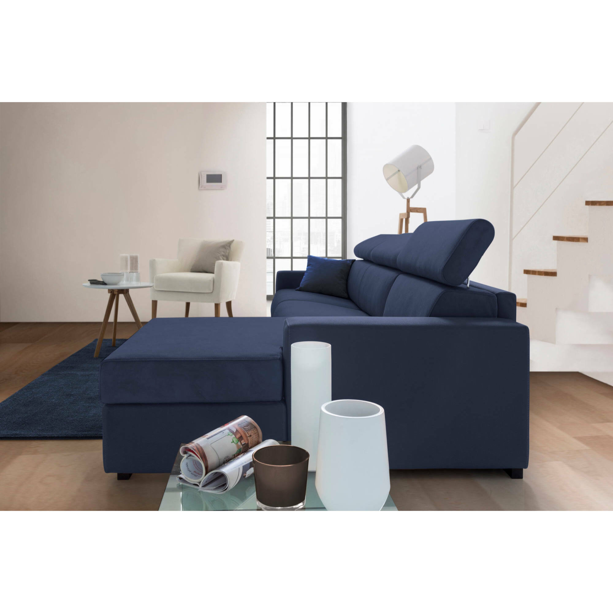 Divano fisso Marica, Divano ad angolo, 100% Made in Italy, Sofà Soggiorno con chaise longue, in tessuto imbottito - Penisola contenitore Destra, con Braccioli standard, Cm 280x95h85, Blu