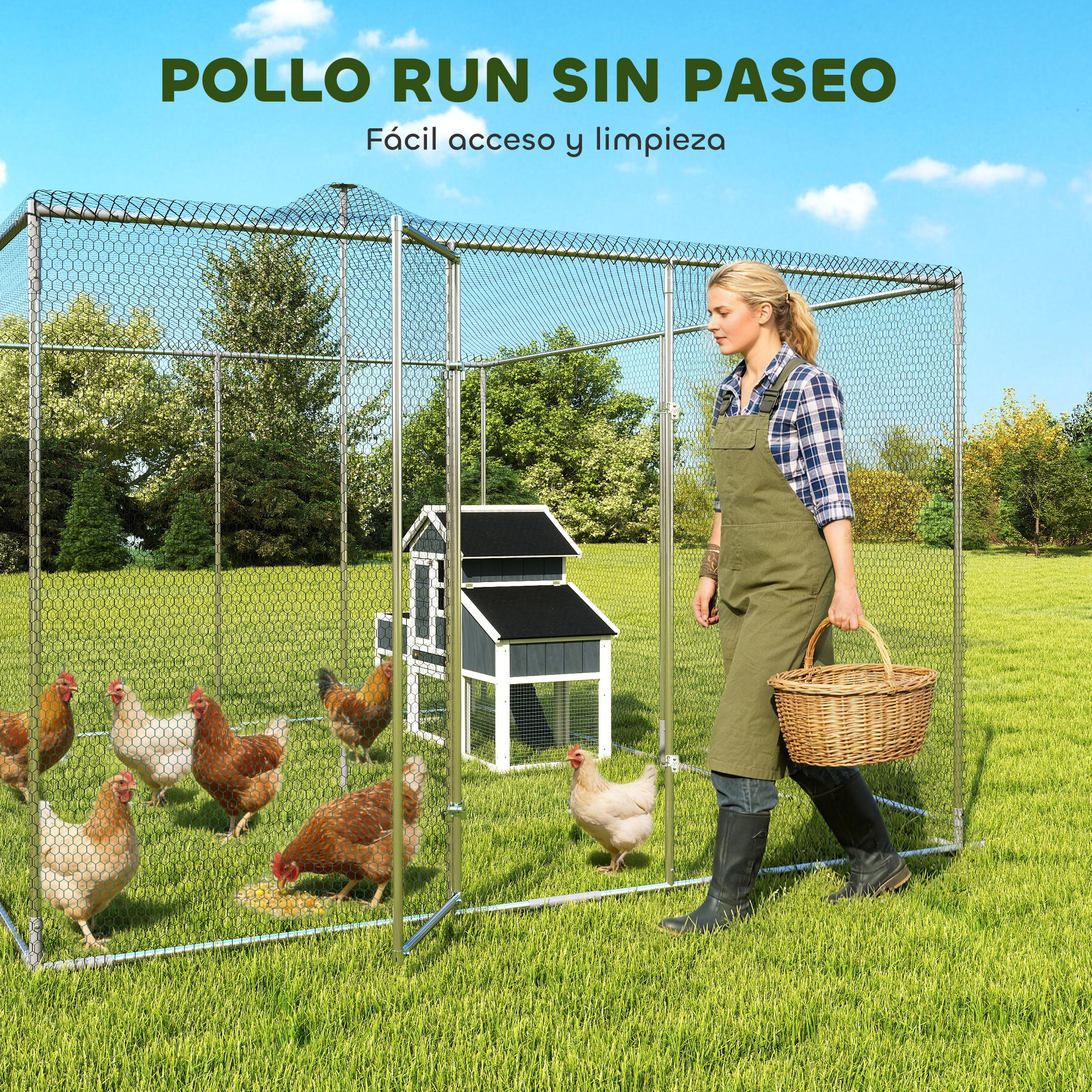 Gallinero para Exterior Grande, 4x3x1,97 m, 12 m², Gallinero de Acero Galvanizado con Puerta con Doble Cierre, Red Superior de PE, Impermeable, Diseño Walk-In, Jaula para Conejos y Patos, Plata