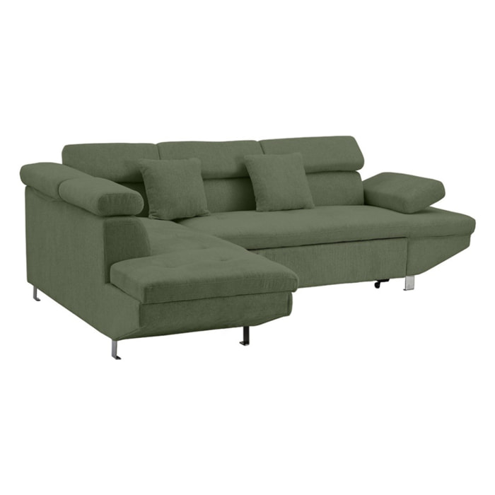 Margaux - Canapé d'angle gauche 5 places convertible avec coffre et têtières réglables en velours texturé - Vert